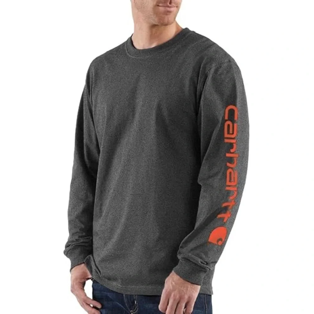Carhartt Men's Charcoal Long Sleeve Tee with Orange Logo - Picture 1 of 5